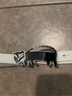 Moschino White Leather Belt with Black cat Enamel Buckle